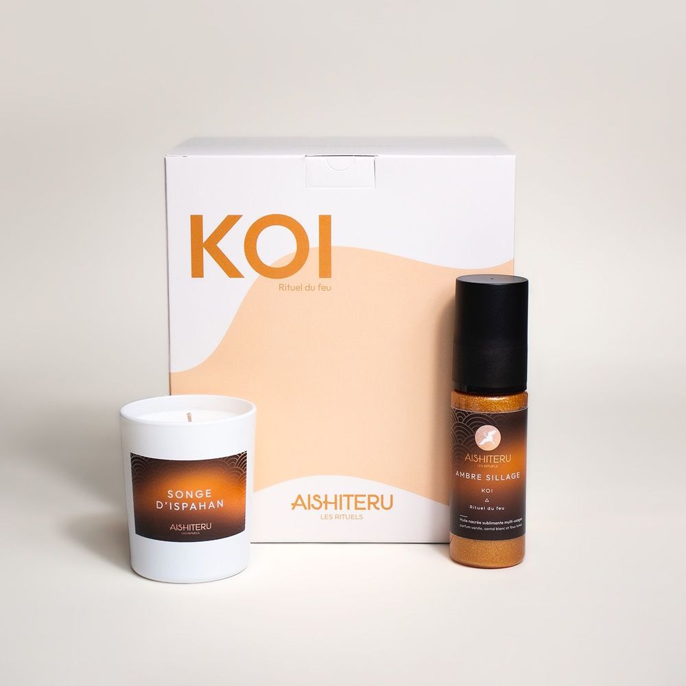 Cosmétiques - COFFRET BIEN-ÊTRE - KOI - BOUGIE PARFUMÉE - HUILE NACRÉE MULTI-USAGES - AISHITERU