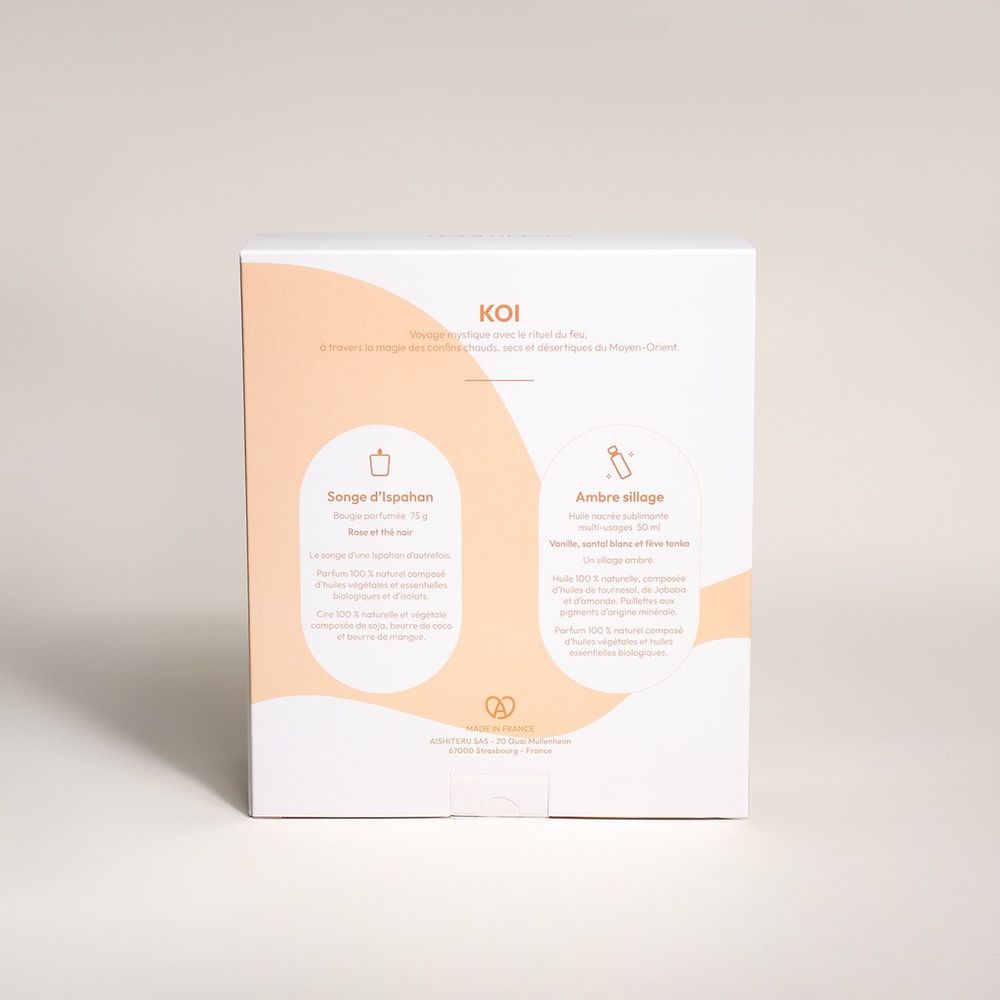 Cosmétiques - COFFRET BIEN-ÊTRE - KOI - BOUGIE PARFUMÉE - HUILE NACRÉE MULTI-USAGES - AISHITERU