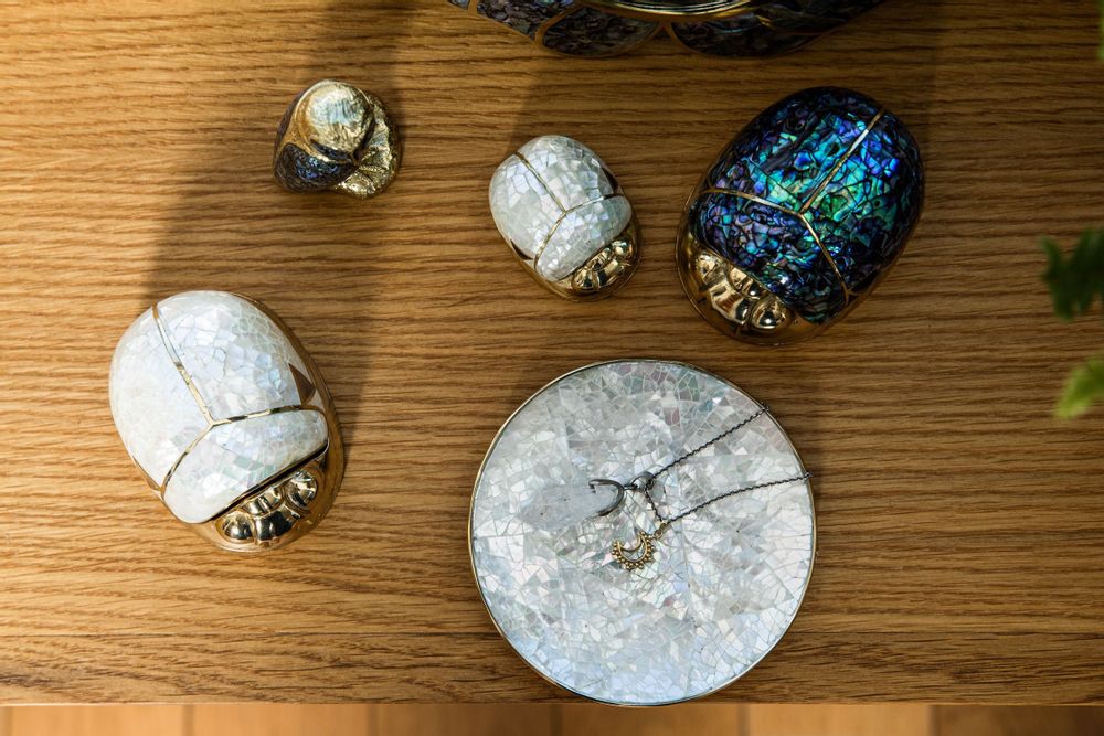 Decorative objects - Egyptian Scarab box in natural mother-of-pearl and recycled brass - WILD BY MOSAIC