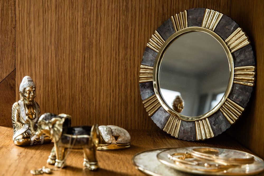 Mirrors - Shine round mirror natural mother-of-pearl and recycled brass - WILD BY MOSAIC