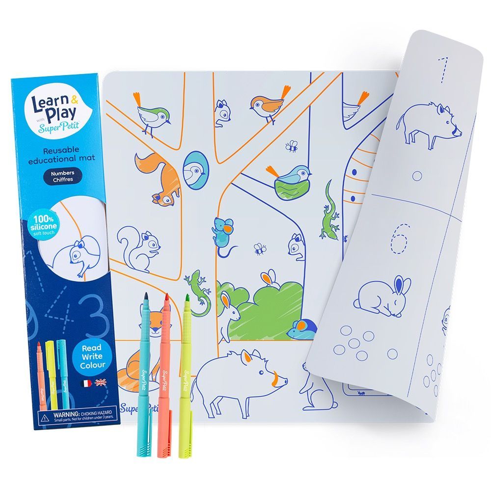 Children's arts and crafts - THE NUMBERS : 1 soft reversible silicone mat + 3 erasable markers - SUPERPETIT