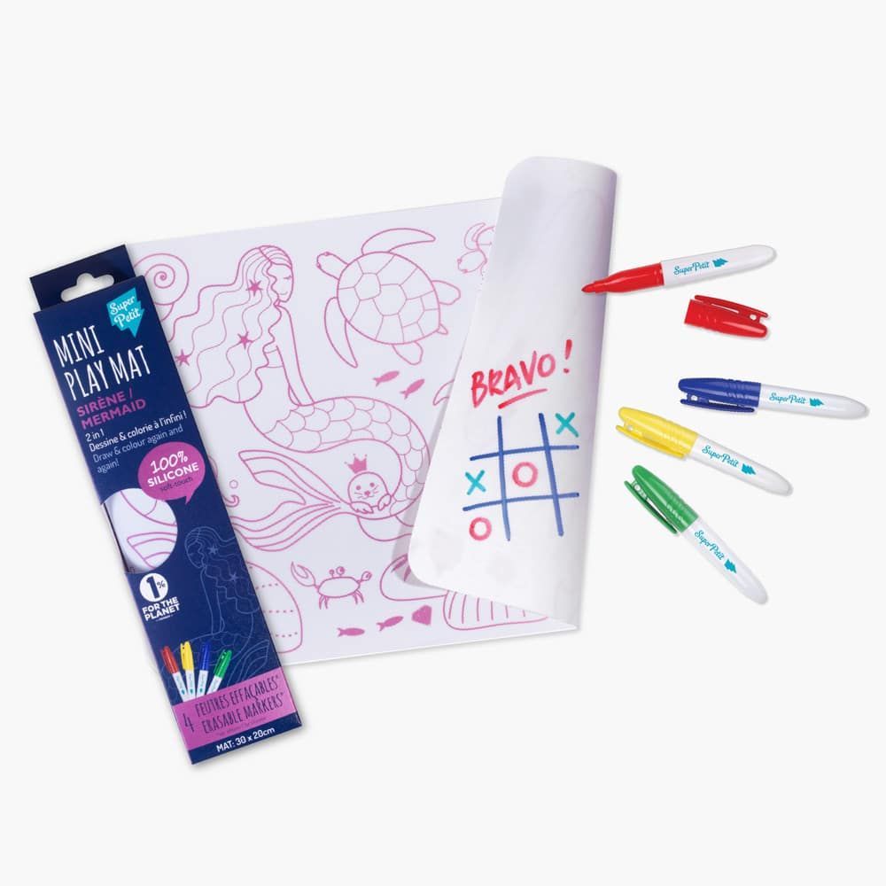 Jeux enfants - SIRENE : 1 côté coloriage + 1 côté dessin libre + 4 feutres inclus. - SUPERPETIT