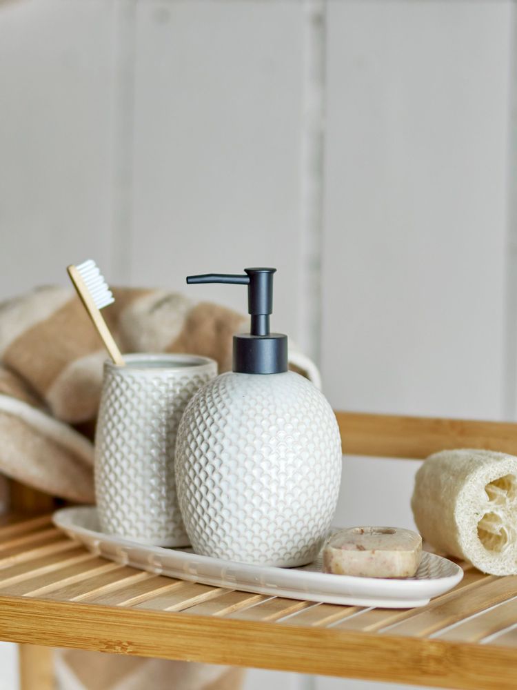 Washbasins - Hrin Soap Dispenser Set, Nature, Stoneware Set of 3 - BLOOMINGVILLE