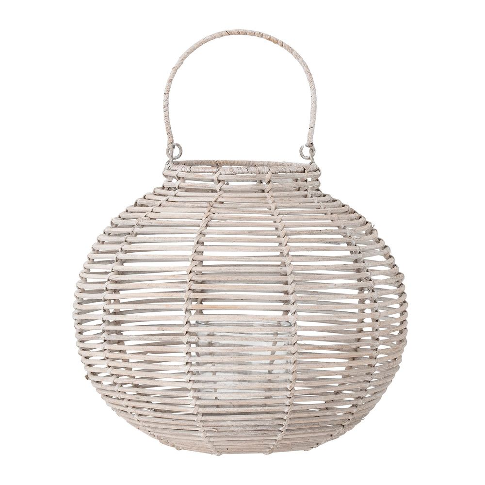 Outdoor table lamps - Malua Lantern w/Glass, White, Rattan - BLOOMINGVILLE