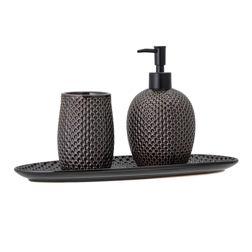 Lave-mains - Hrin Set de distributeur de savon, Gris, Grès Set of 3 - BLOOMINGVILLE MULTIBRAND HOUSE