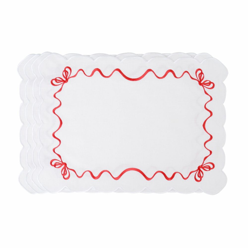 Table linen - Embroidered Placemats Red Christmas Bows - ROSEBERRY HOME