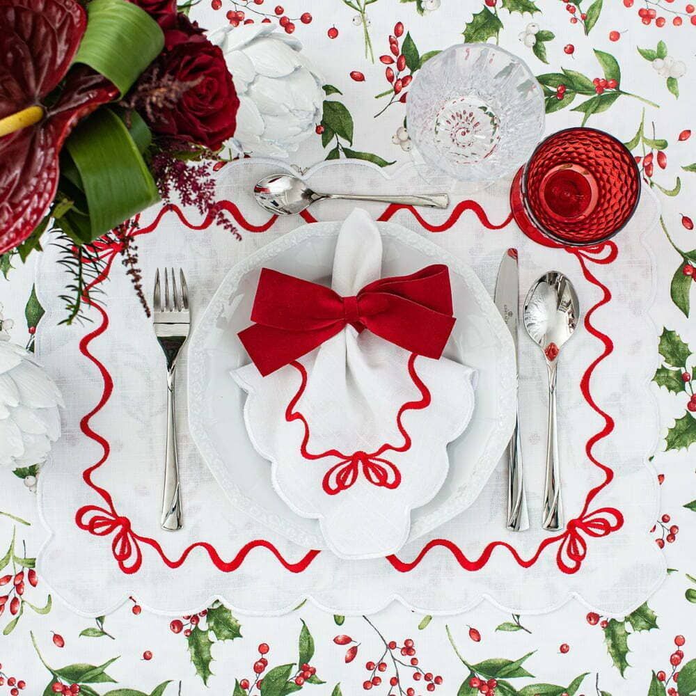 Table linen - Embroidered Placemats Red Christmas Bows - ROSEBERRY HOME