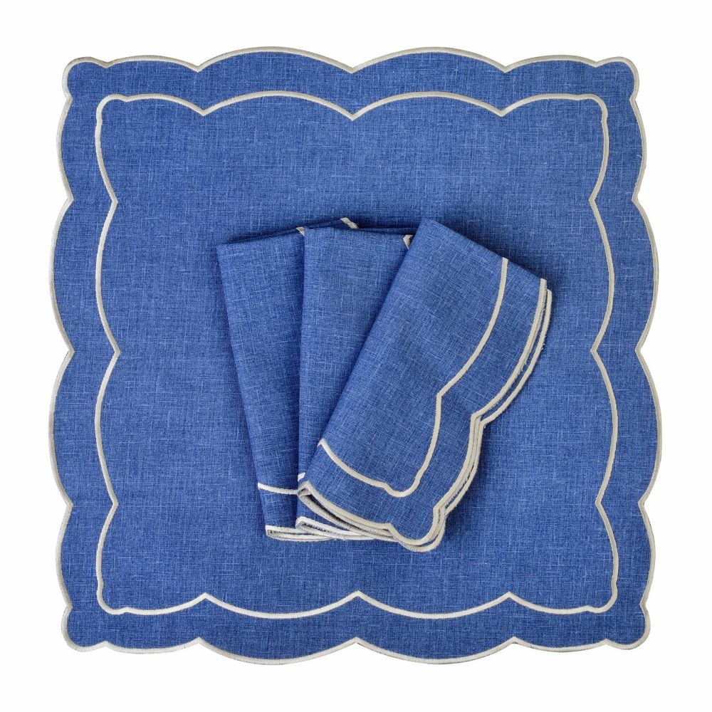 Linge de table textile - Brodé Serviette de tables Blue Onde - 4 pièces - ROSEBERRY HOME