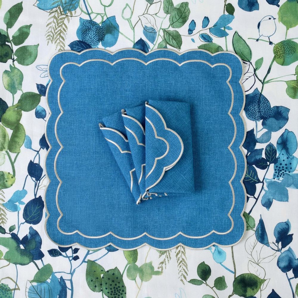 Table linen - Embroidered Napkins Blue Petali - 4 pieces - ROSEBERRY HOME