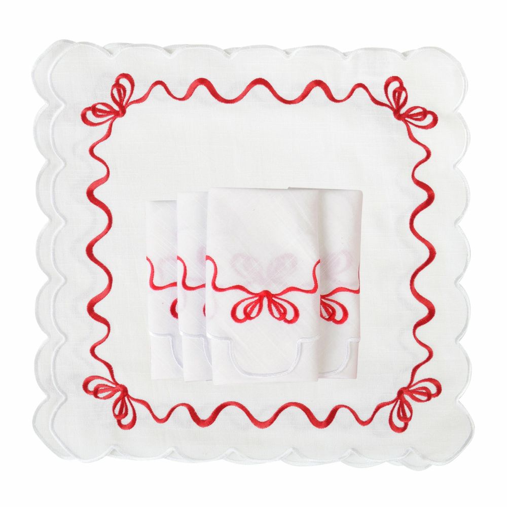 Linge de table textile - Brodé Serviette de tables Red Christmas Bows - 6 pièces - ROSEBERRY HOME