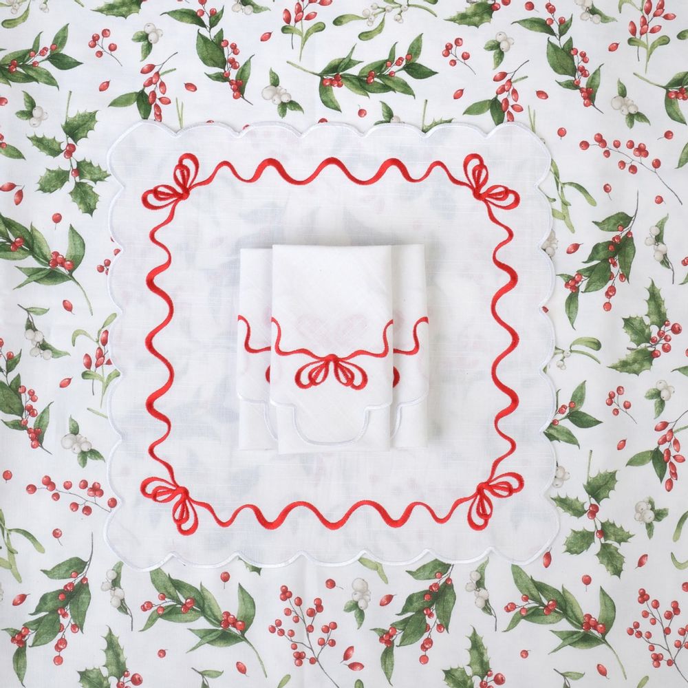 Linge de table textile - Brodé Serviette de tables Red Christmas Bows - 6 pièces - ROSEBERRY HOME