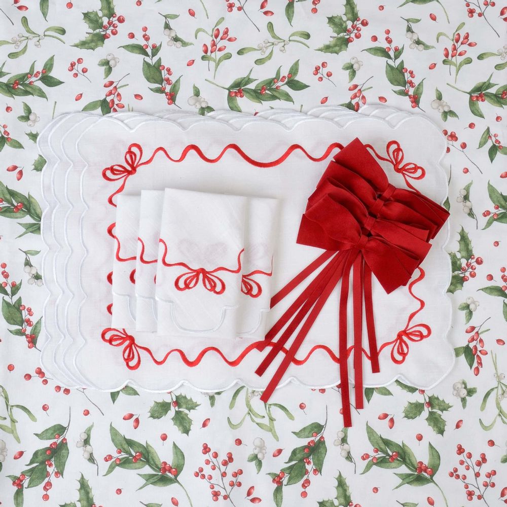 Linge de table textile - Brodé Serviette de tables Red Christmas Bows - 6 pièces - ROSEBERRY HOME