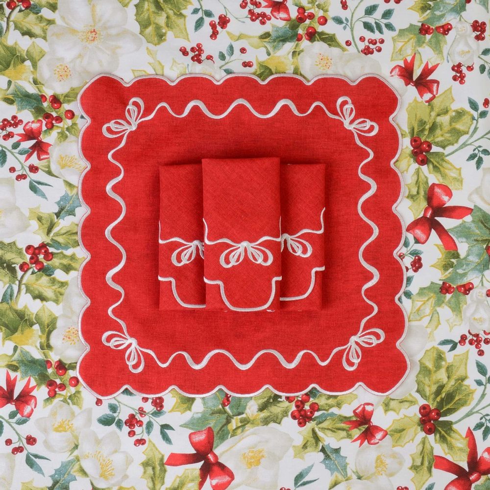 Table linen - Embroidered Napkins White Christmas Bows - 4 pieces - ROSEBERRY HOME