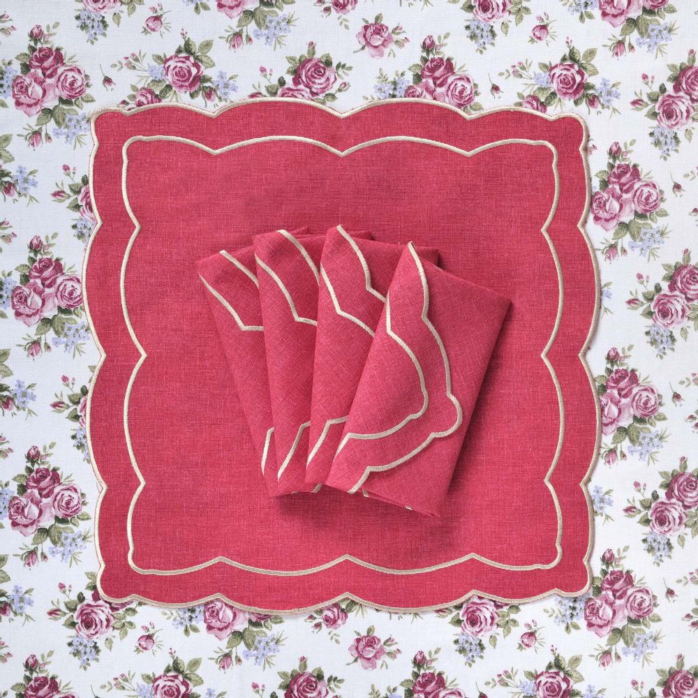 Table linen - Embroidered Napkins Magenta Onde - 4 pieces - ROSEBERRY HOME