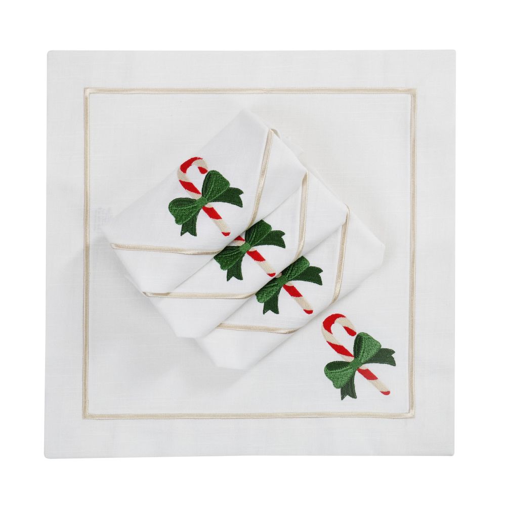 Table linen - Embroidered Napkins Candy Cane Panama - 4 pieces - ROSEBERRY HOME