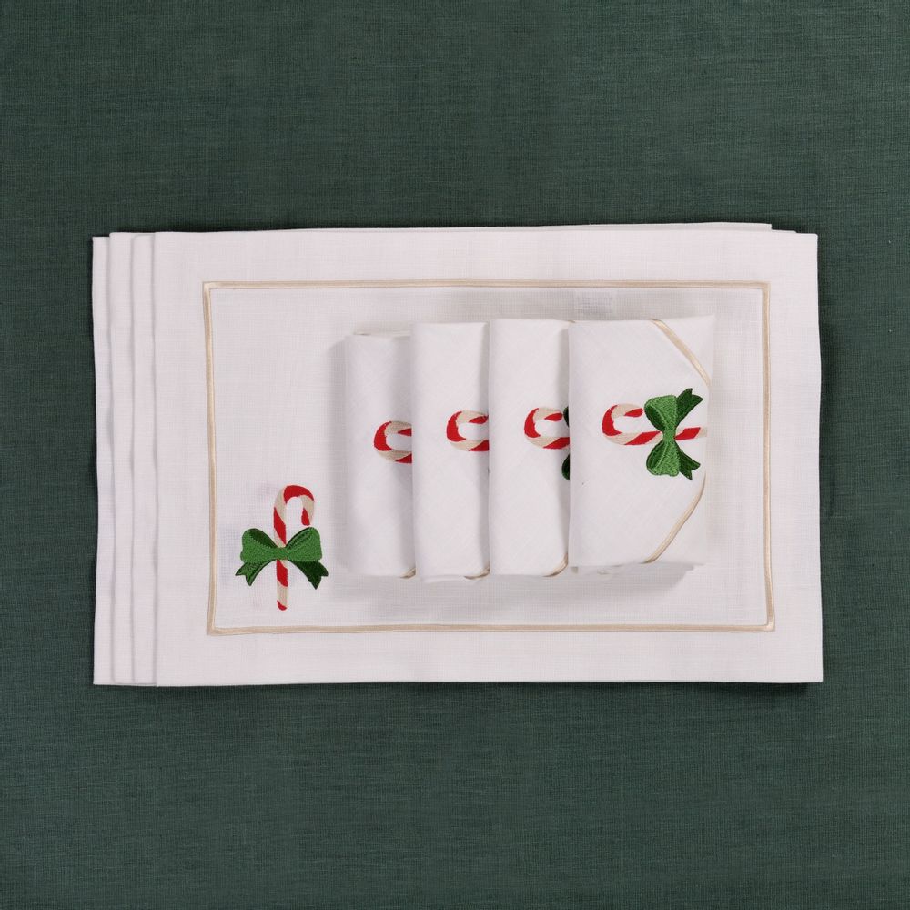 Table linen - Embroidered Napkins Candy Cane Panama - 4 pieces - ROSEBERRY HOME