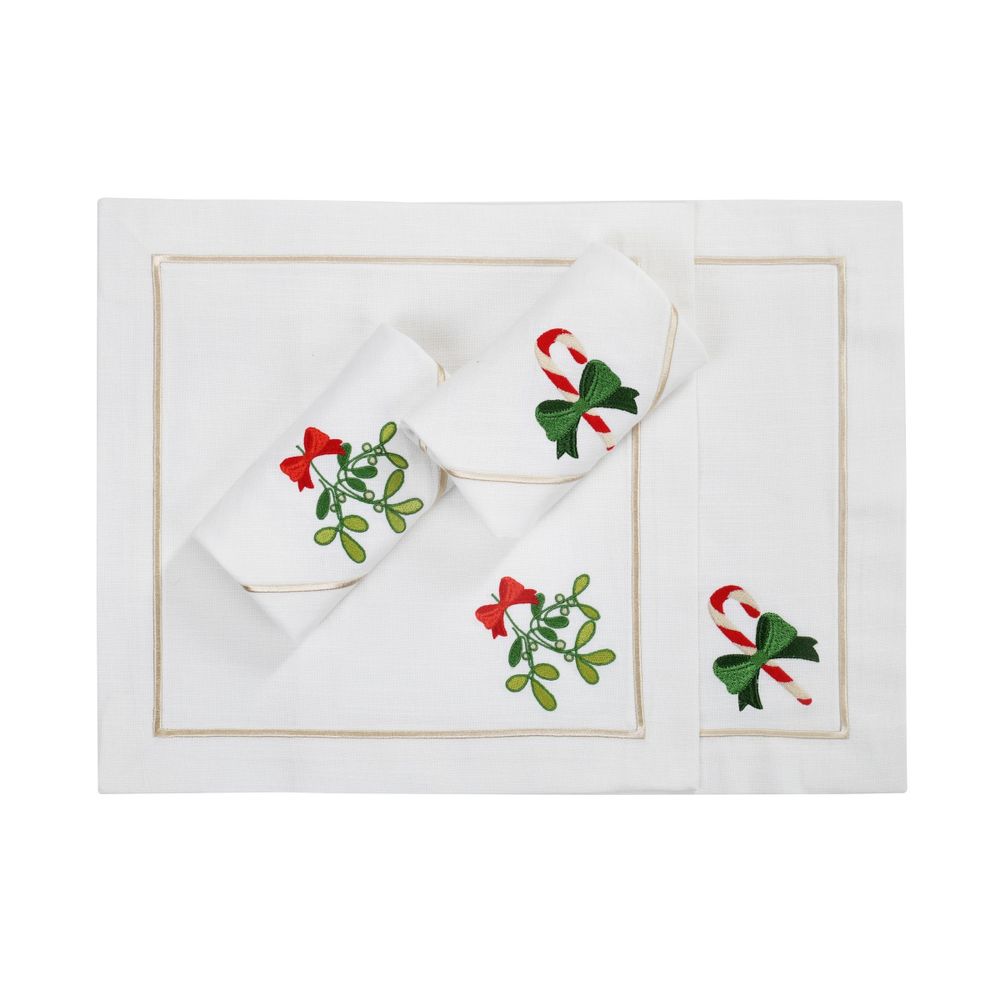 Table linen - Embroidered Napkins Candy Cane Panama - 4 pieces - ROSEBERRY HOME