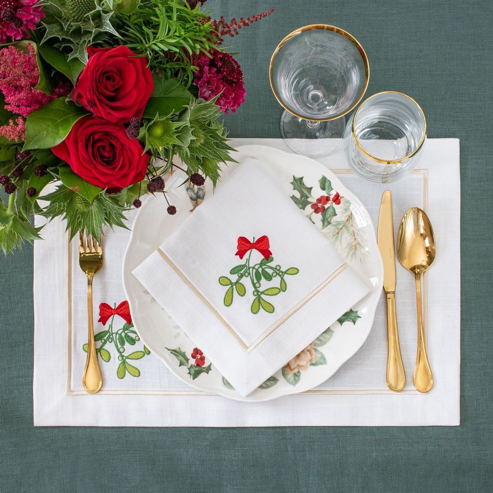 Table linen - Embroidered Napkins Candy Cane Panama - 4 pieces - ROSEBERRY HOME