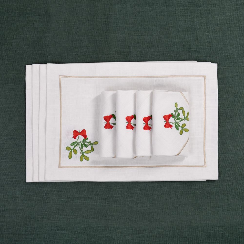 Table linen - Embroidered Napkins Candy Cane Panama - 4 pieces - ROSEBERRY HOME