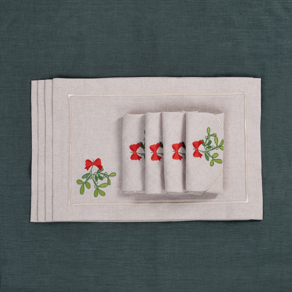 Table linen - Embroidered Placemats Mistletoe Mirha - 6 pieces - ROSEBERRY HOME