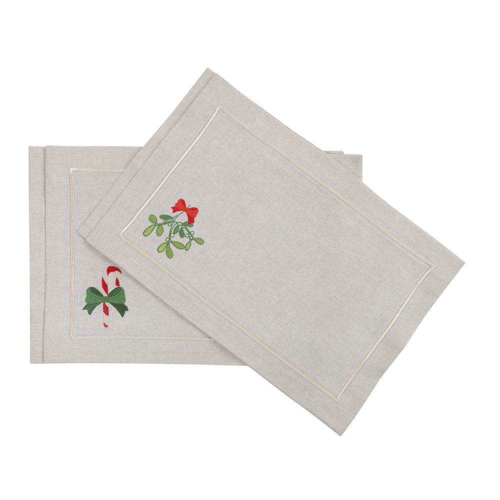 Placemats - Embroidered Placemats Candy Cane & Mistletoe Mirha - 4 pieces - ROSEBERRY HOME