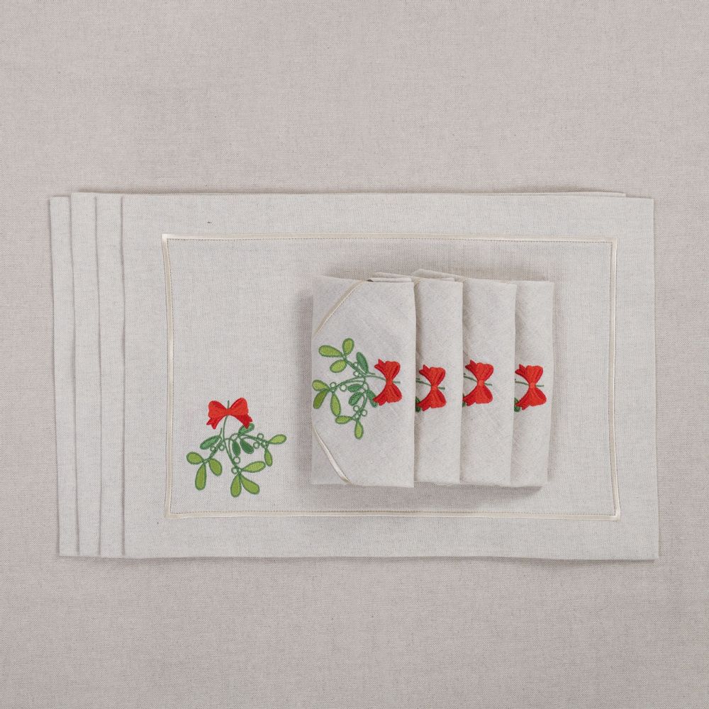 Placemats - Embroidered Placemats Candy Cane & Mistletoe Mirha - 4 pieces - ROSEBERRY HOME