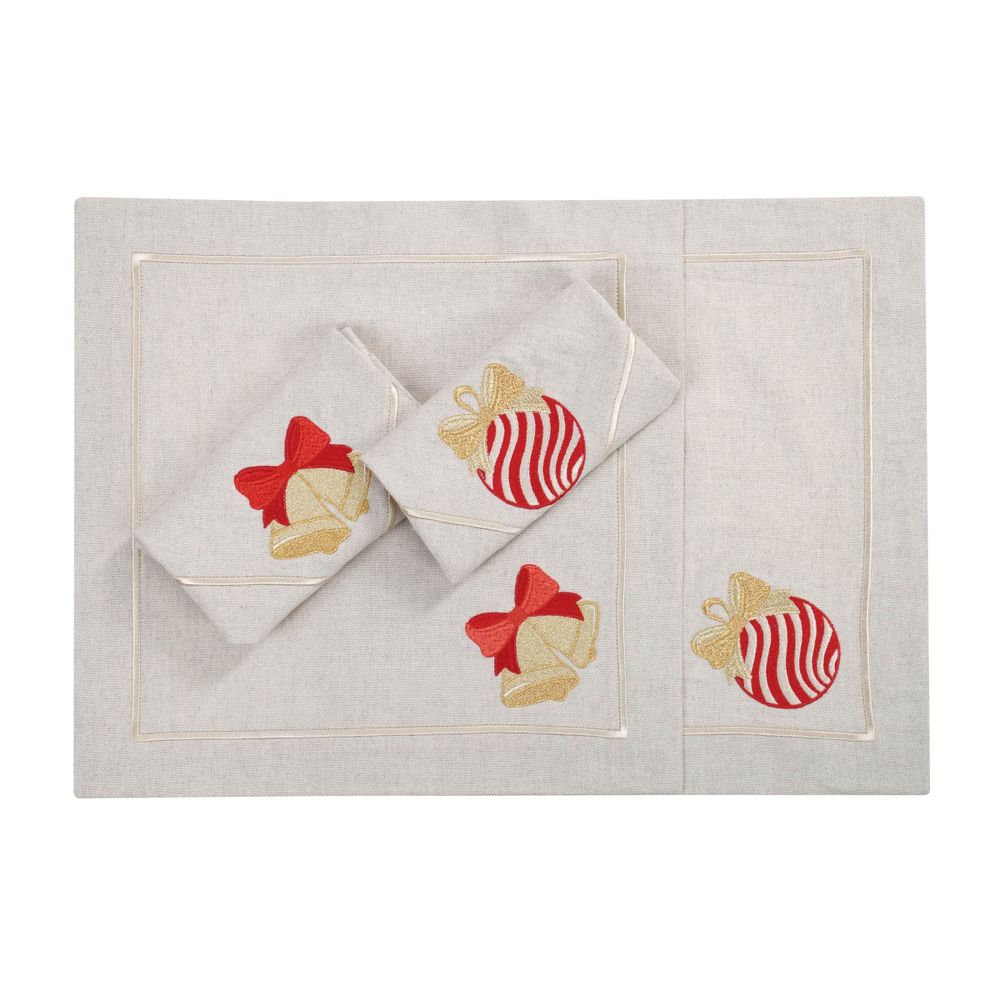 Table linen - Embroidered Napkins Jingle Bells & Christmas Bauble Mirha - 4 pieces - ROSEBERRY HOME