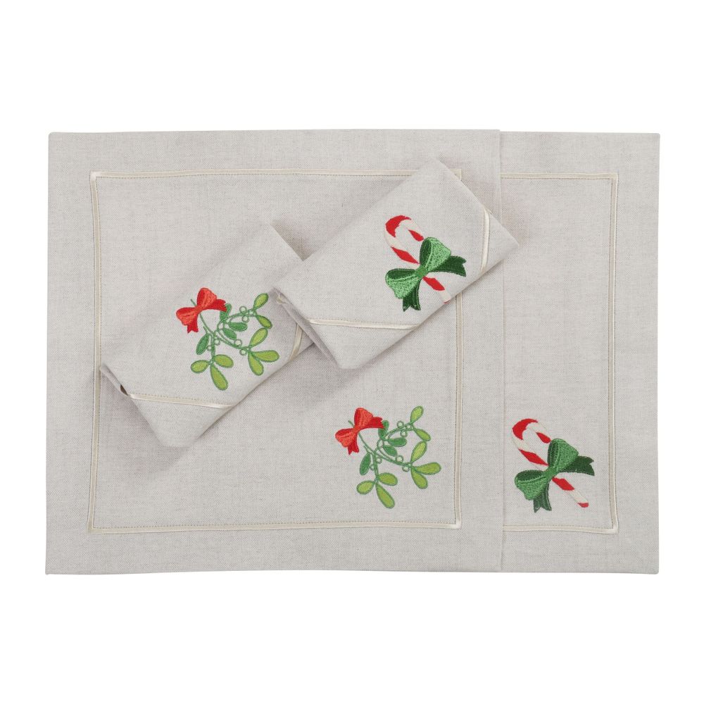Linge de table textile - Brodé Serviette de tables Candy Cane & Mistletoe Mirha - 4 pièces - ROSEBERRY HOME