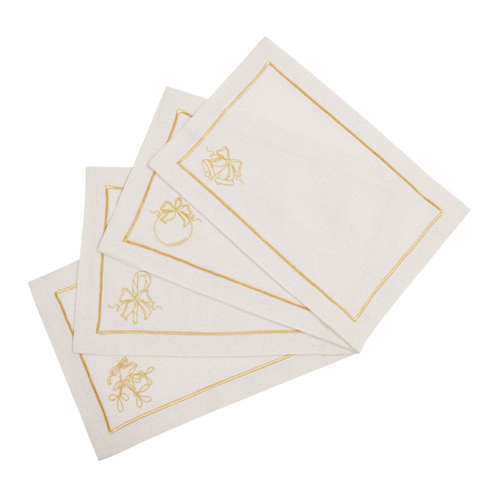 Table linen - Embroidered Napkins Jingle Bells Goldenline - 4 pieces - ROSEBERRY HOME