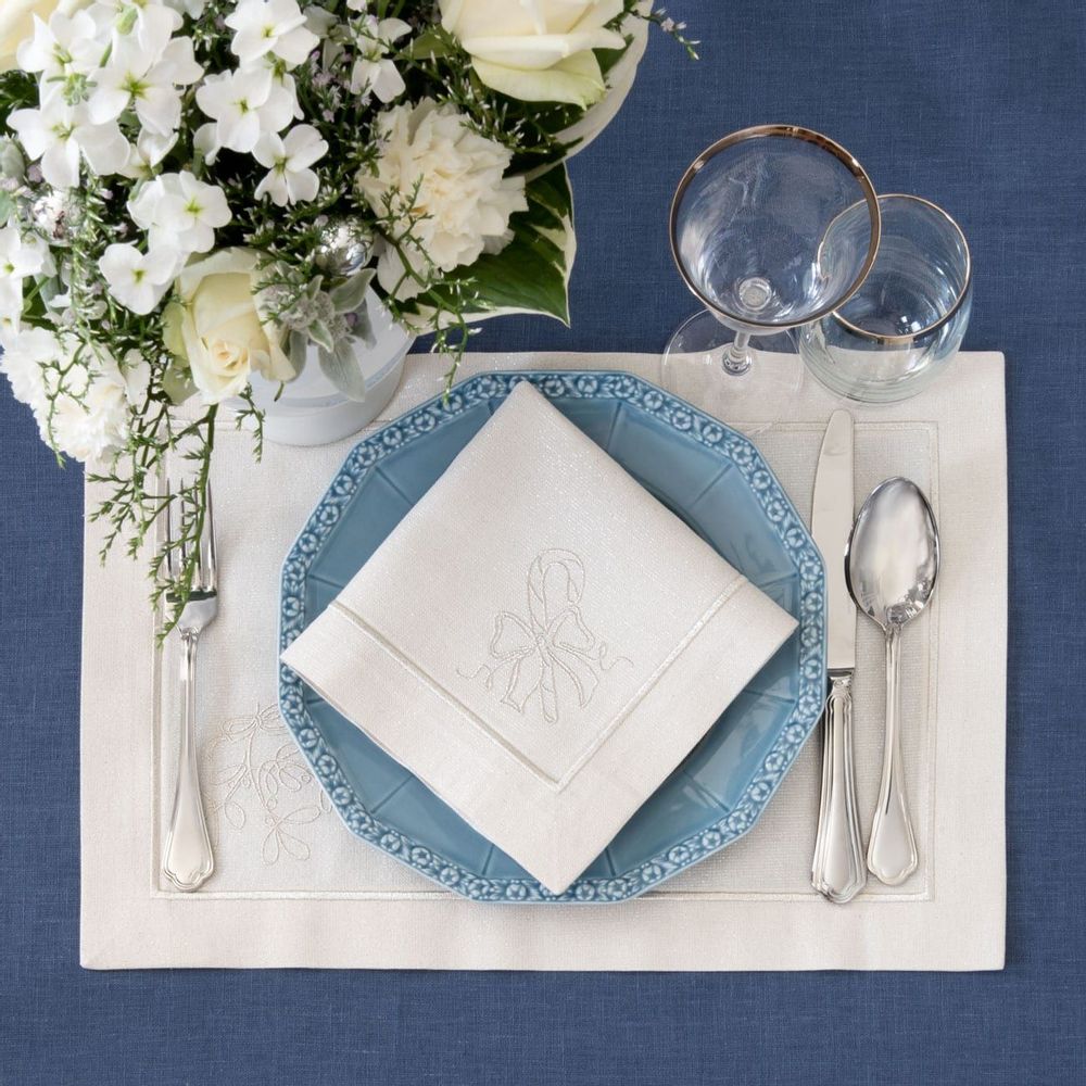 Table linen - Embroidered Placemats Candy Cane Silverline - 4 pieces - ROSEBERRY HOME