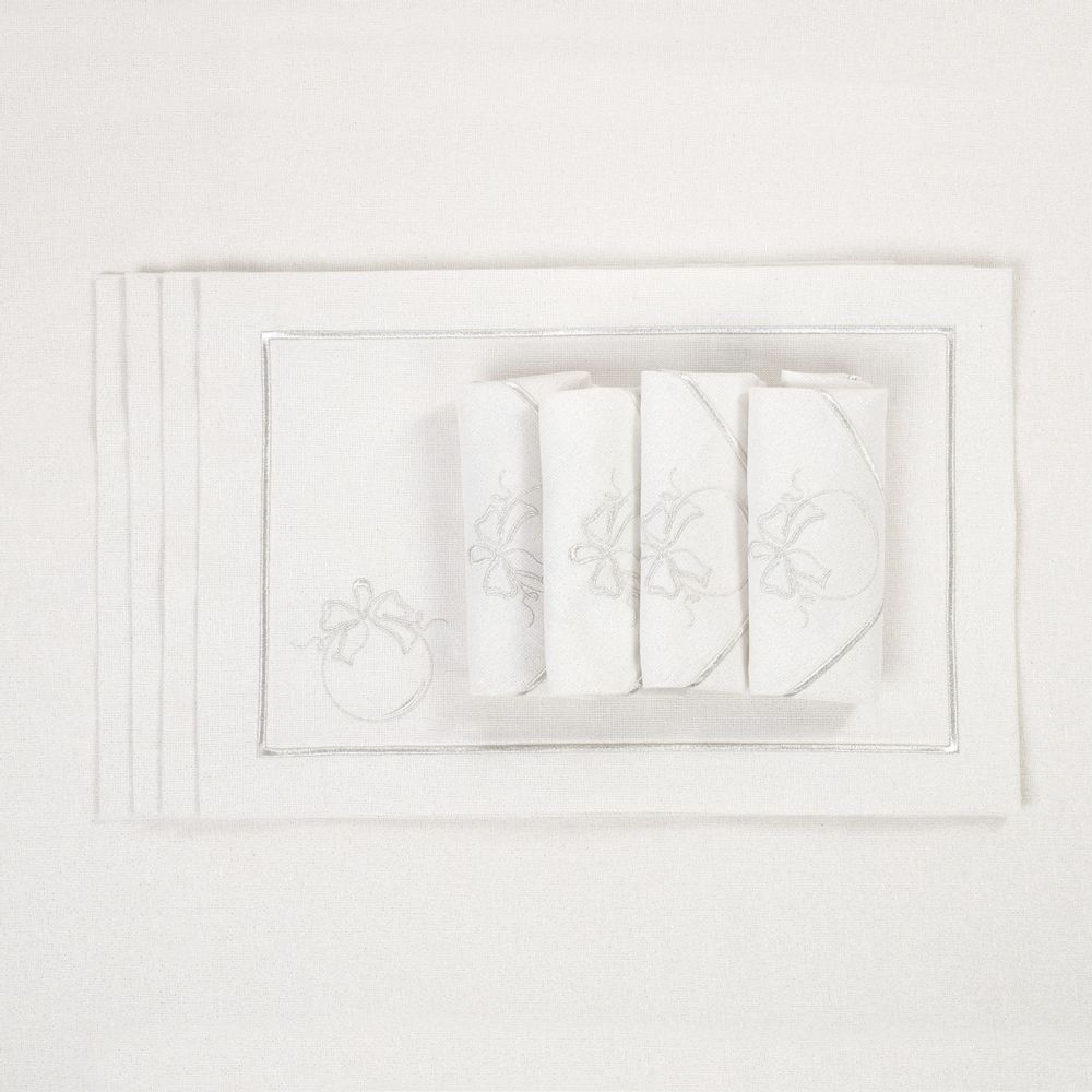 Table linen - Embroidered Napkins Christmas Bauble Silverline - 4 pieces - ROSEBERRY HOME