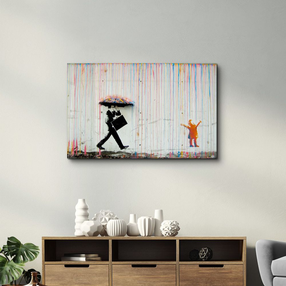 Autres décorations murales - Banksy Umbrella Man Rainbow Rain Girl Décoration murale en verre  110CMx70CM - ARTDESIGNA