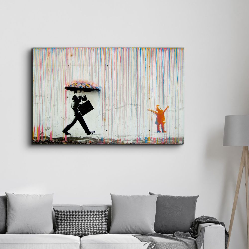Autres décorations murales - Banksy Umbrella Man Rainbow Rain Girl Décoration murale en verre  110CMx70CM - ARTDESIGNA