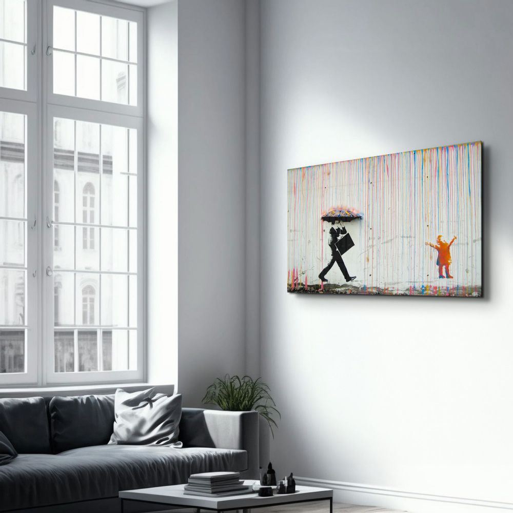 Autres décorations murales - Banksy Umbrella Man Rainbow Rain Girl Décoration murale en verre  110CMx70CM - ARTDESIGNA