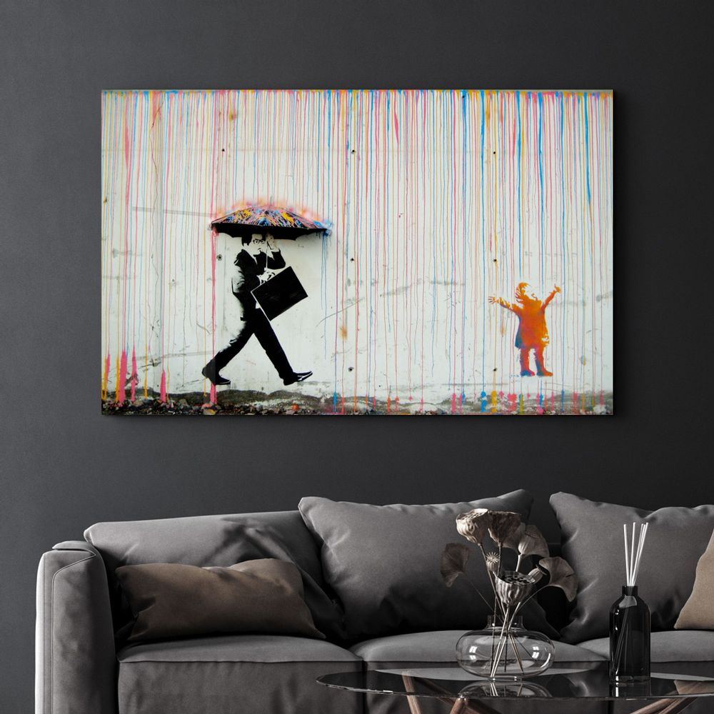 Autres décorations murales - Banksy Umbrella Man Rainbow Rain Girl Décoration murale en verre  110CMx70CM - ARTDESIGNA