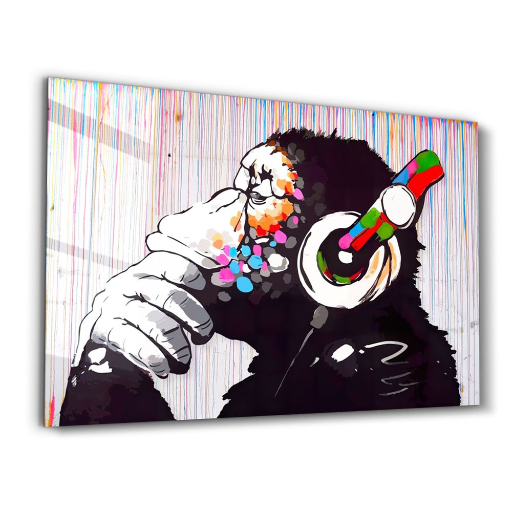 Other wall decoration - Banksy Monkey Beat Glass Wall Art 110CMx70CM - ARTDESIGNA