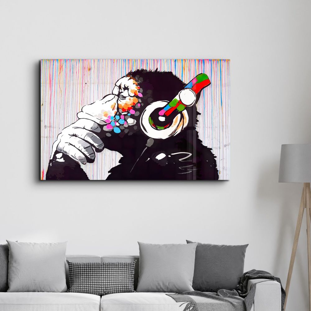 Other wall decoration - Banksy Monkey Beat Glass Wall Art 110CMx70CM - ARTDESIGNA