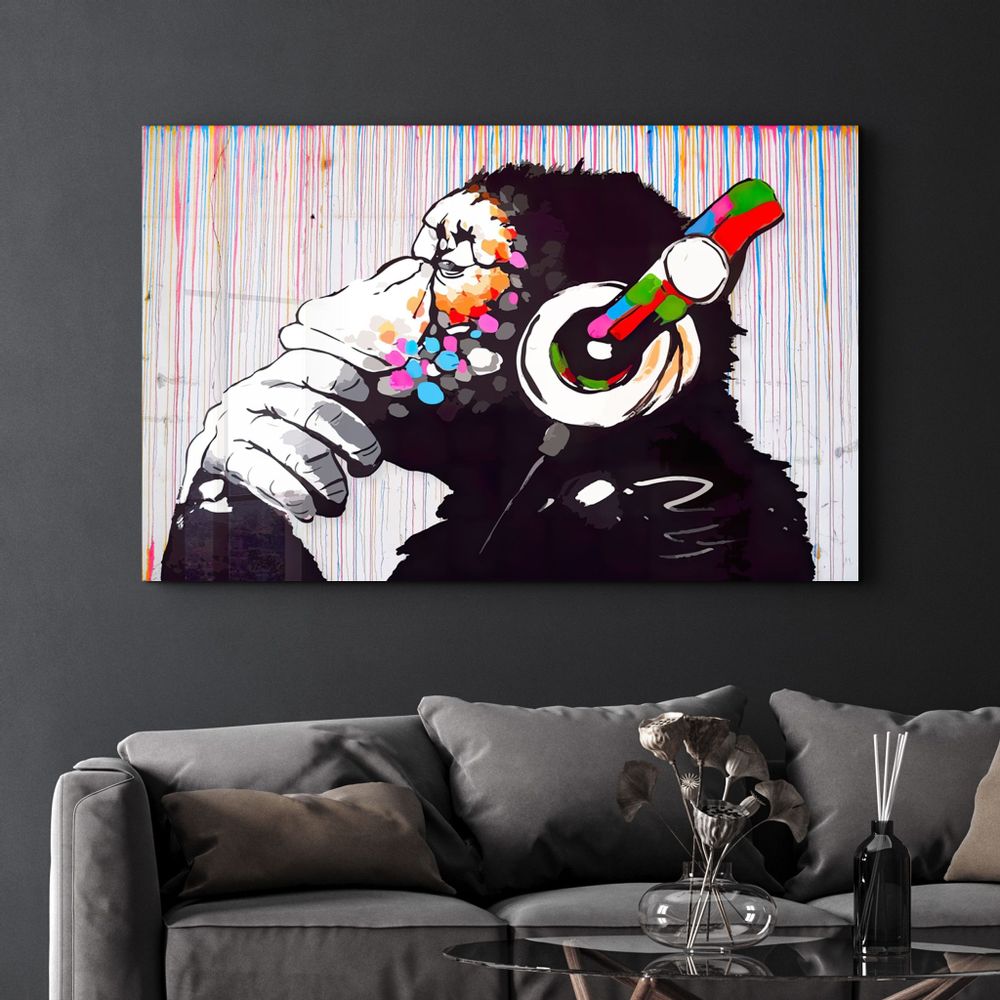 Other wall decoration - Banksy Monkey Beat Glass Wall Art 110CMx70CM - ARTDESIGNA