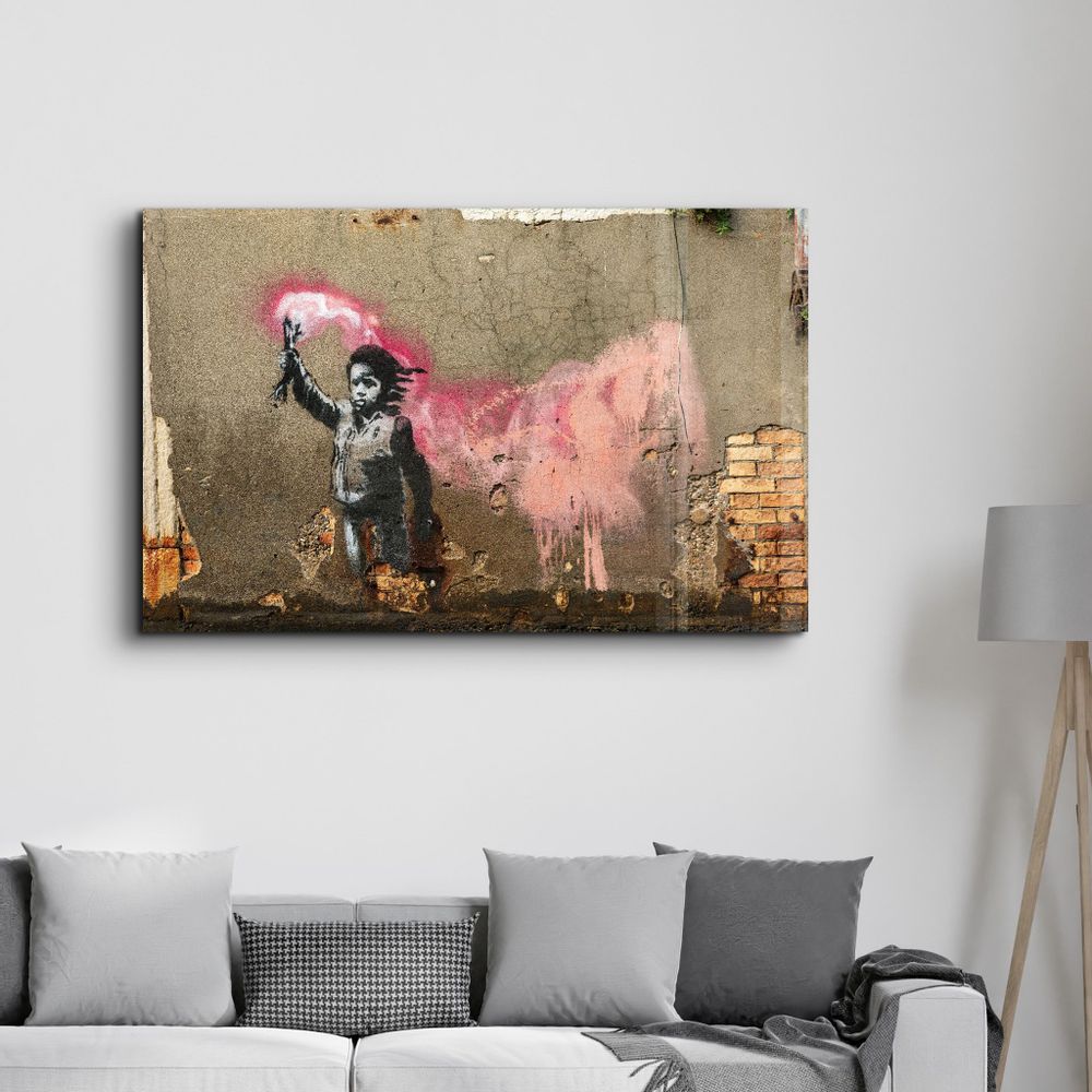 Autres décorations murales - Banksy - Un enfant avec un gilet de sauvetage | Art mural en verre  110CMx70CM - ARTDESIGNA