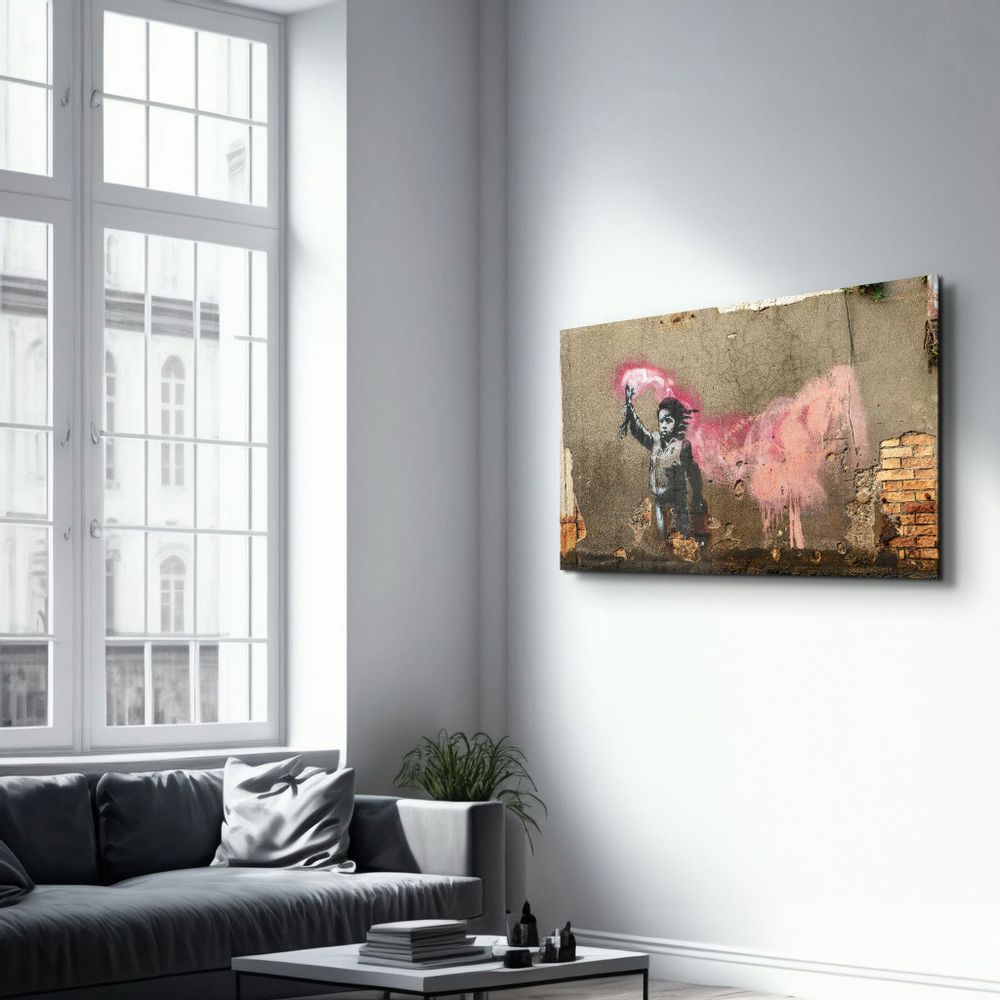 Autres décorations murales - Banksy - Un enfant avec un gilet de sauvetage | Art mural en verre  110CMx70CM - ARTDESIGNA