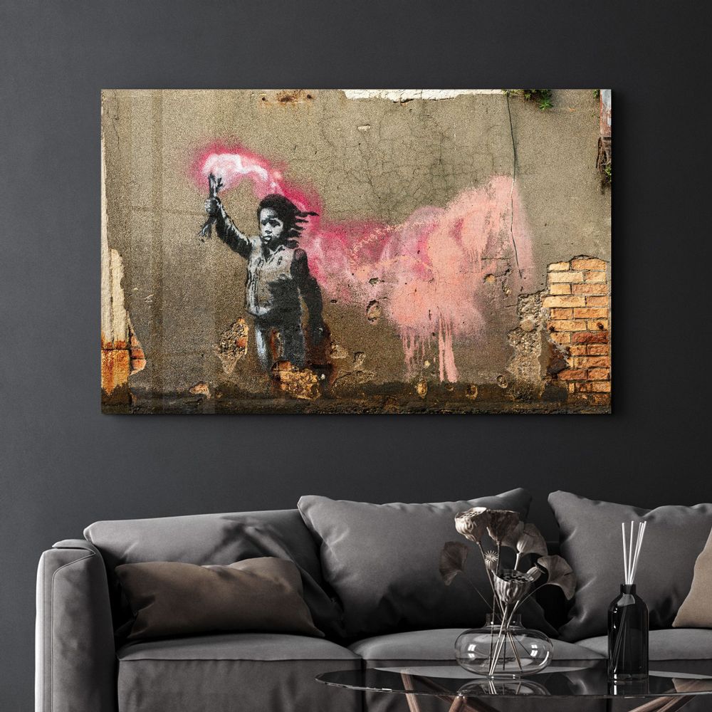 Autres décorations murales - Banksy - Un enfant avec un gilet de sauvetage | Art mural en verre  110CMx70CM - ARTDESIGNA