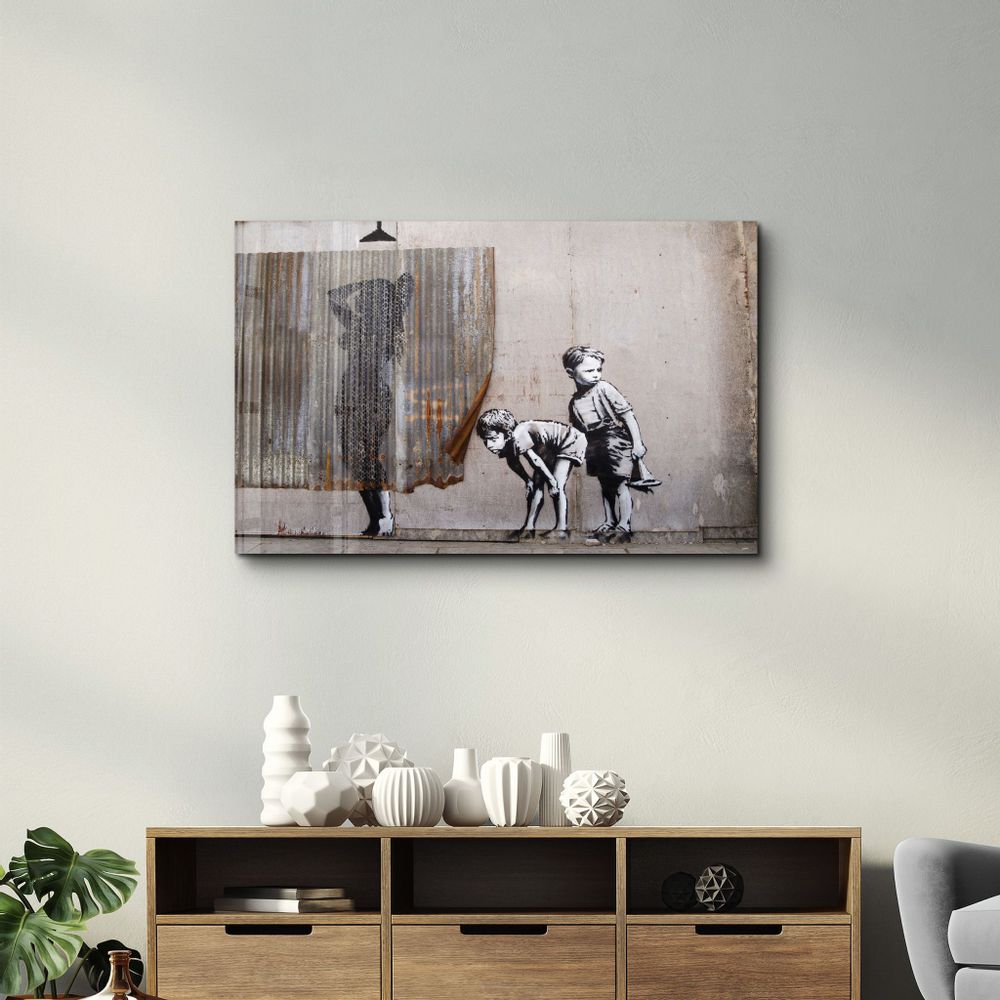 Other wall decoration - Banksy - Spying Boyz | Glass Wall Art 110CMx70CM - ARTDESIGNA