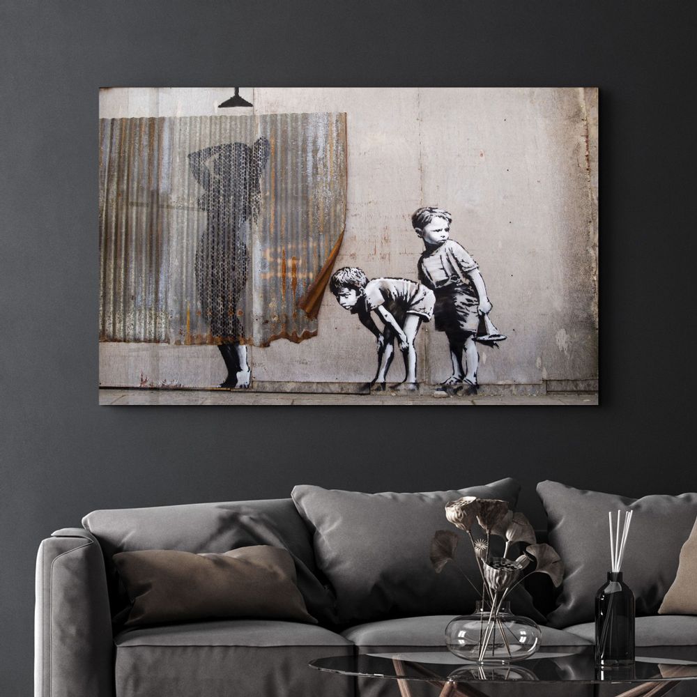 Other wall decoration - Banksy - Spying Boyz | Glass Wall Art 110CMx70CM - ARTDESIGNA
