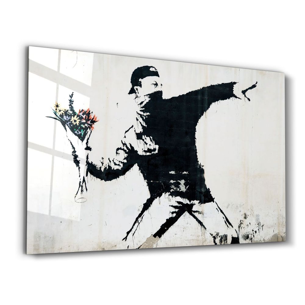 Other wall decoration - Banksy - Rioter Throwing a Flower Bouquet | Glass Wall Art 110CMx70CM - ARTDESIGNA