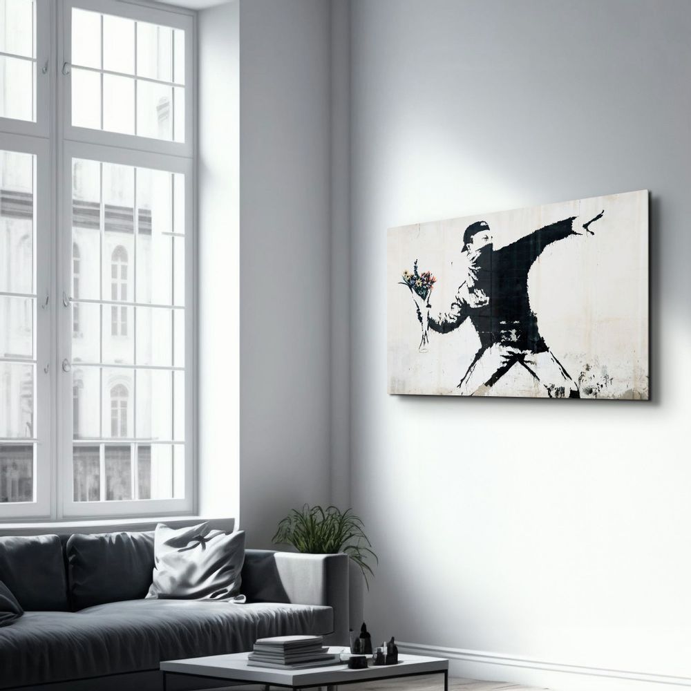 Other wall decoration - Banksy - Rioter Throwing a Flower Bouquet | Glass Wall Art 110CMx70CM - ARTDESIGNA