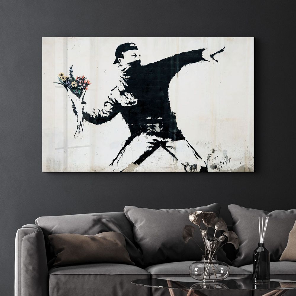 Other wall decoration - Banksy - Rioter Throwing a Flower Bouquet | Glass Wall Art 110CMx70CM - ARTDESIGNA