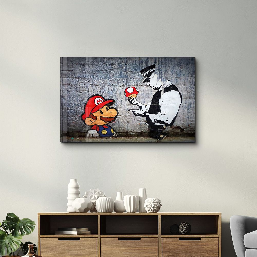 Other wall decoration - Banksy - Mario with a Policeman | Glass Wall Art  110CMx70CM - ARTDESIGNA