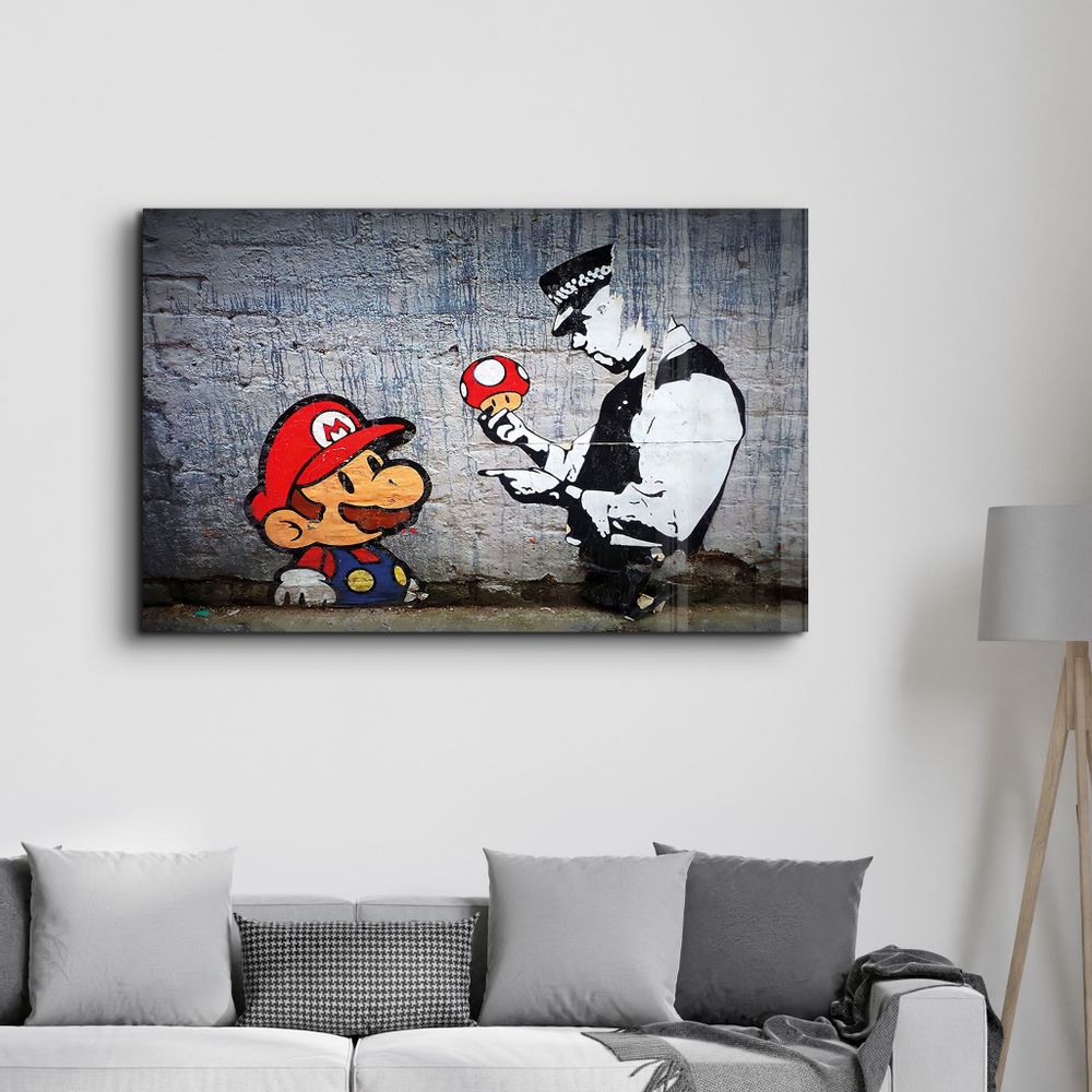 Other wall decoration - Banksy - Mario with a Policeman | Glass Wall Art  110CMx70CM - ARTDESIGNA