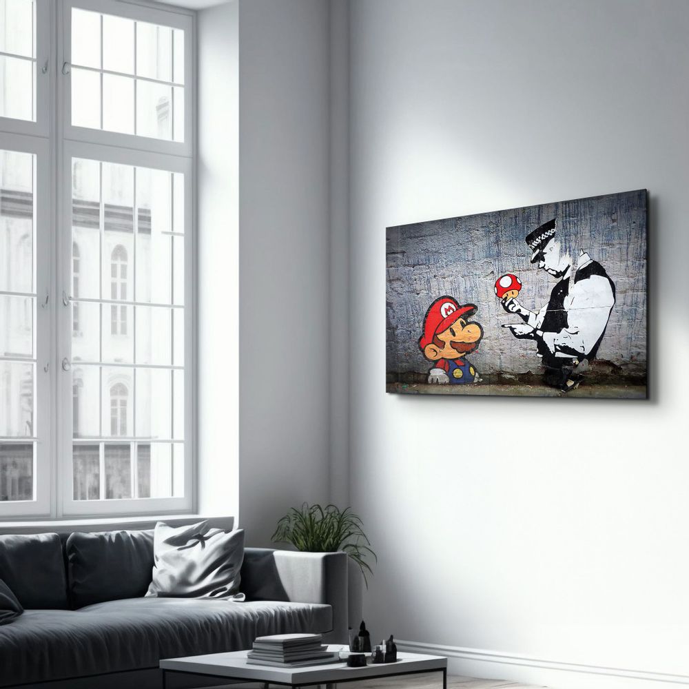 Other wall decoration - Banksy - Mario with a Policeman | Glass Wall Art  110CMx70CM - ARTDESIGNA