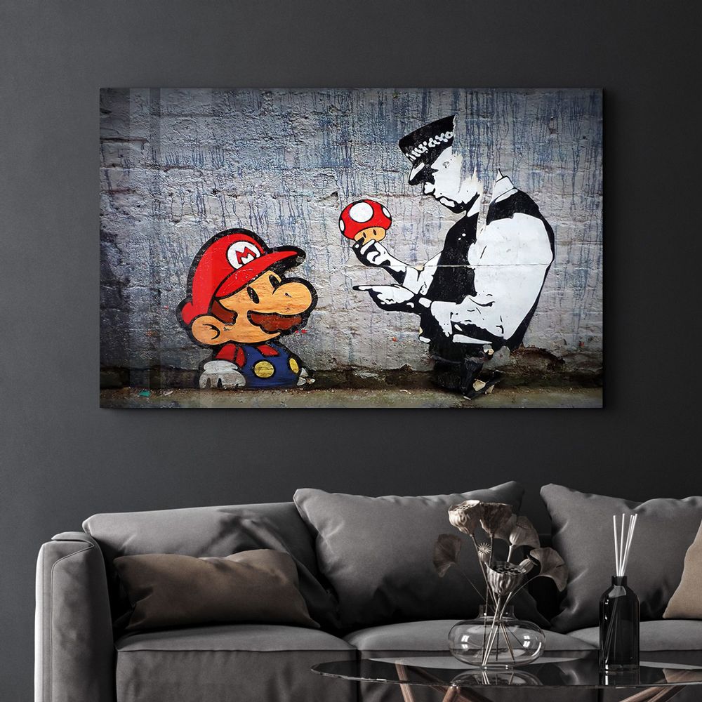 Other wall decoration - Banksy - Mario with a Policeman | Glass Wall Art  110CMx70CM - ARTDESIGNA
